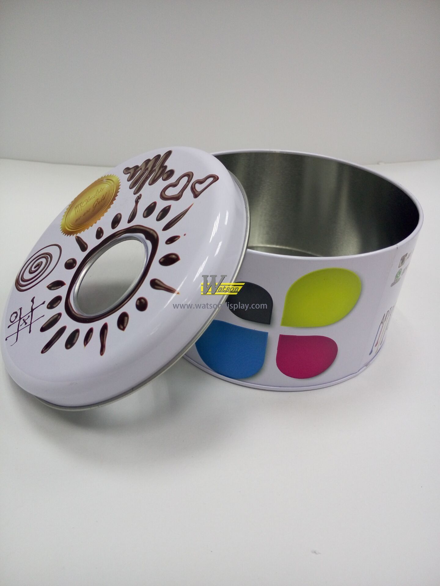 Custom chinese manufacturer large round window metal tin box 