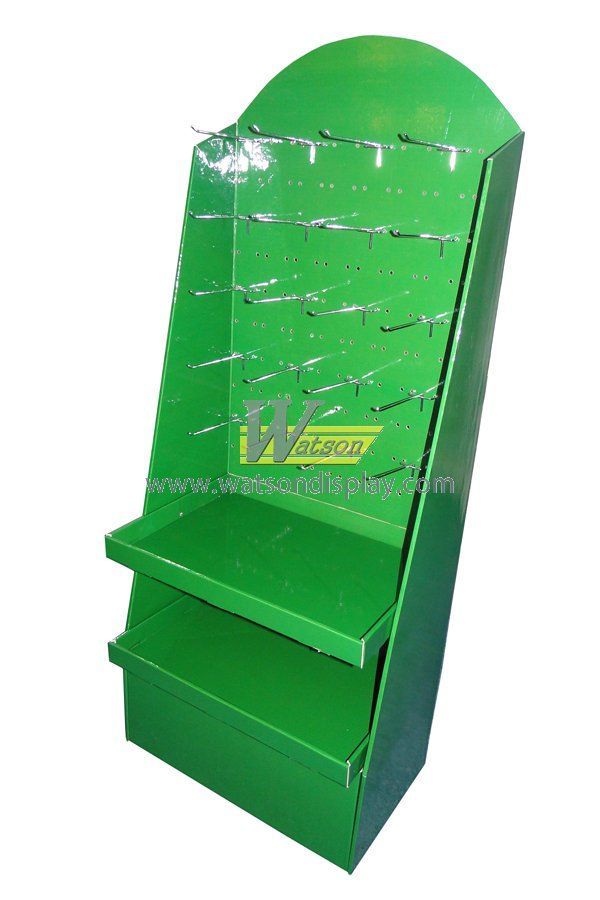 Custom green colour corrugated peg display stand for supermarket retail